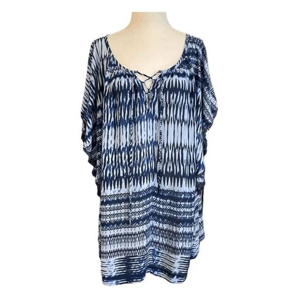 A New Approach Batwing Blouse Blue White Aztec Print Lace Up Short Sleeve 1X - Picture 1 of 9
